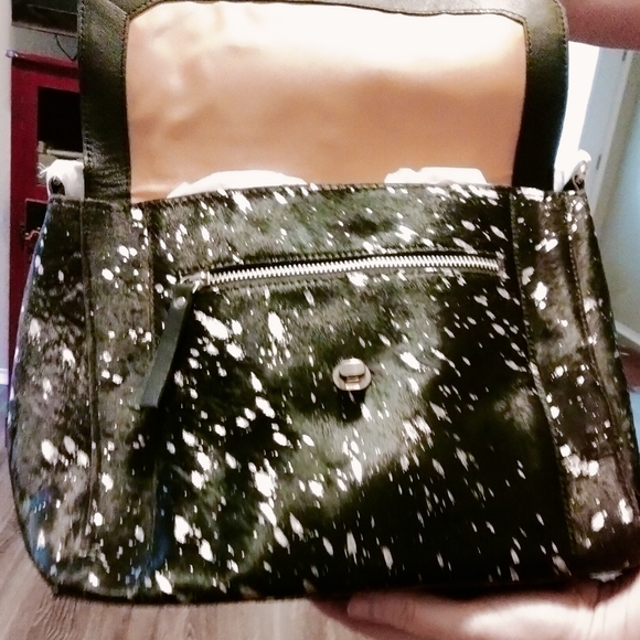 Cowhide Print Genuine Black Leather Crossbody Purse Print is Silver Splashes - Picture 2 of 8